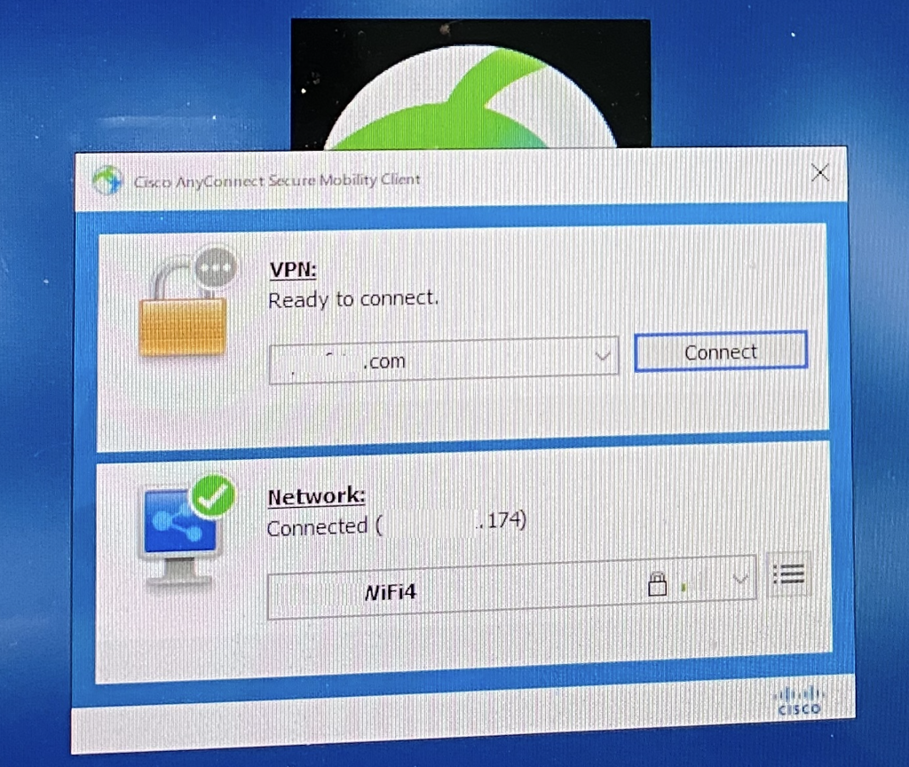 AnyConnect for Windows showing WiFi Successfully Connected